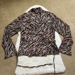 Vintage 90’s Thrill Leopard Poly Collared Long Bell Sleeve Wrap Top Blouse